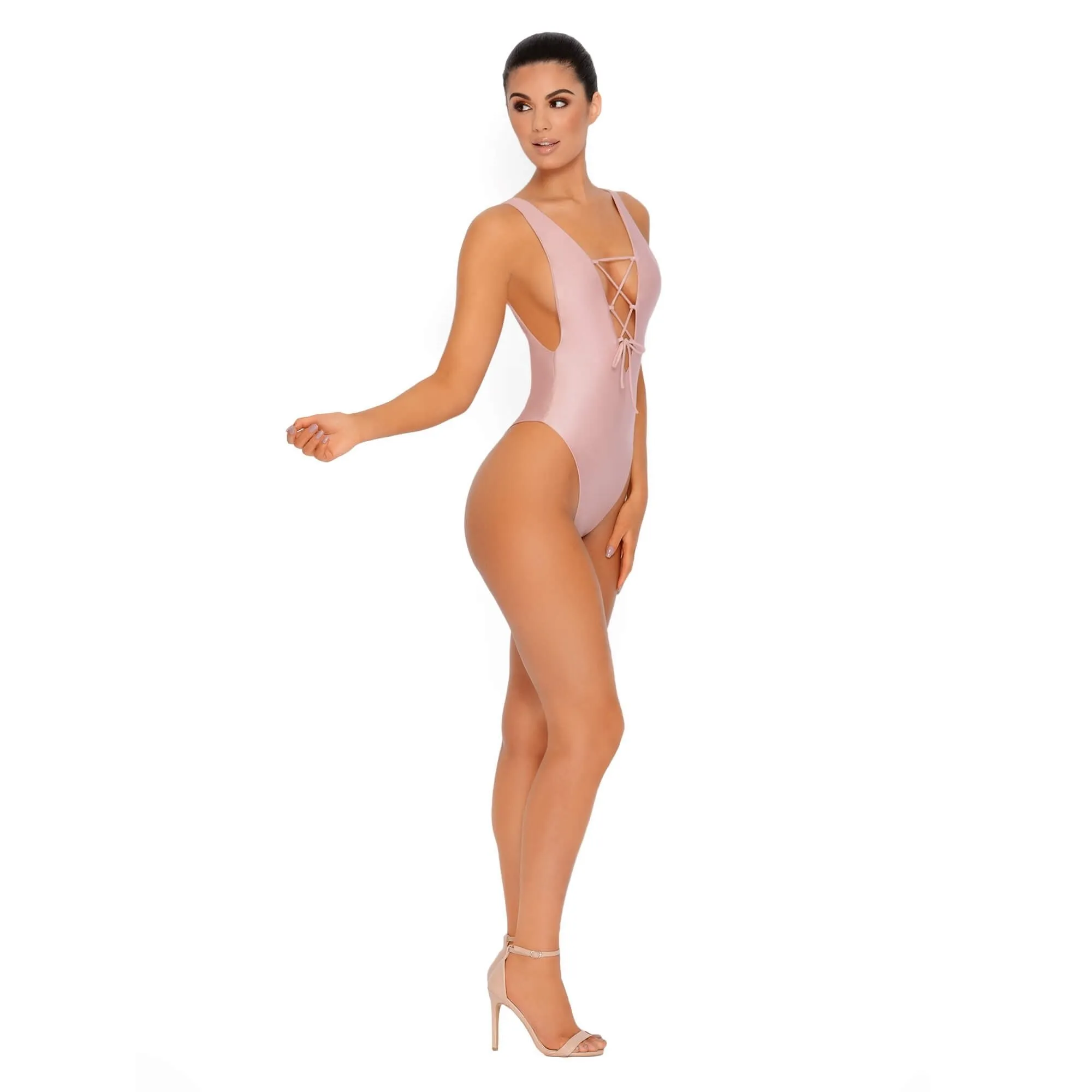 All Tied Up Lace Front High Leg Swimsuit in Blush Mauve