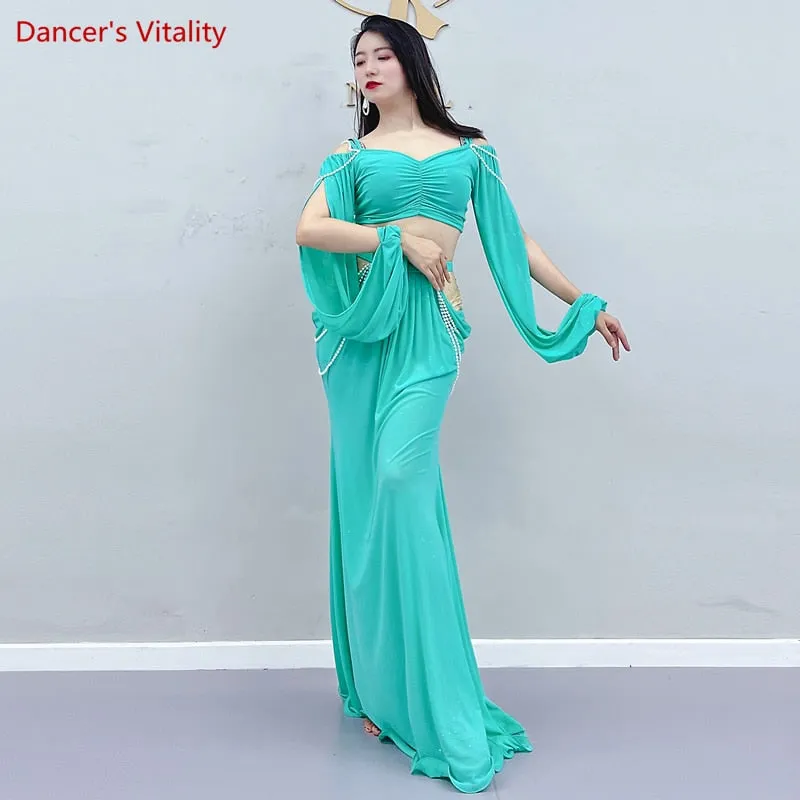 Belly Dance Clothing for Women Mesh Pearls Sleeves Top long Skirt 2pcs Girl's Oriental Costumes Set Female Practice Wear Outfit