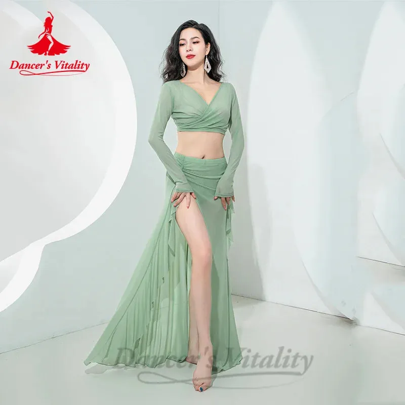 Belly Dance Costume Set for Women Mesh Long Sleeves Top skirt 2pcs Practice Suit Oriental Group Clothing Belly Dancing Outfit