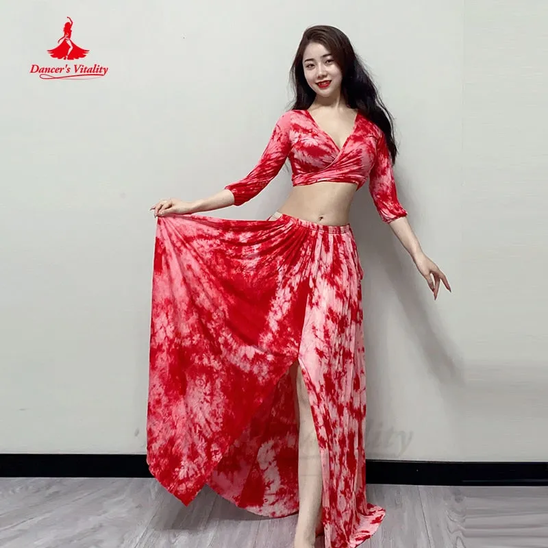 Belly Dance Costumes for Women Short Sleeves Top tie Dye Printed Skirt 2pcs Oriental Performance Outfit Bellydance Suit