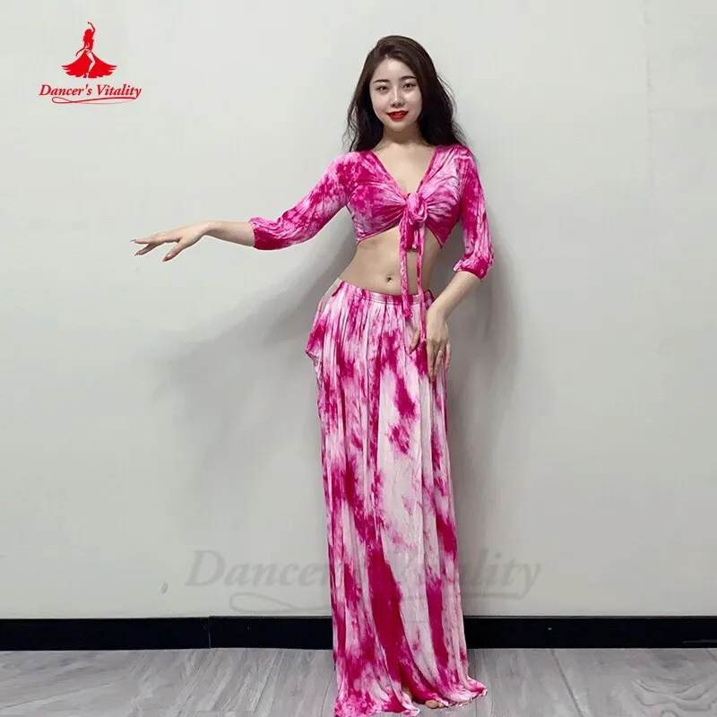 Belly Dance Costumes for Women Short Sleeves Top tie Dye Printed Skirt 2pcs Oriental Performance Outfit Bellydance Suit