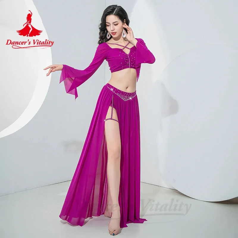 Belly Dance Performance Suit for Women Mesh Long Sleeves split Long Skirt 2pcs Oriental Belly Competition Professional Cothing