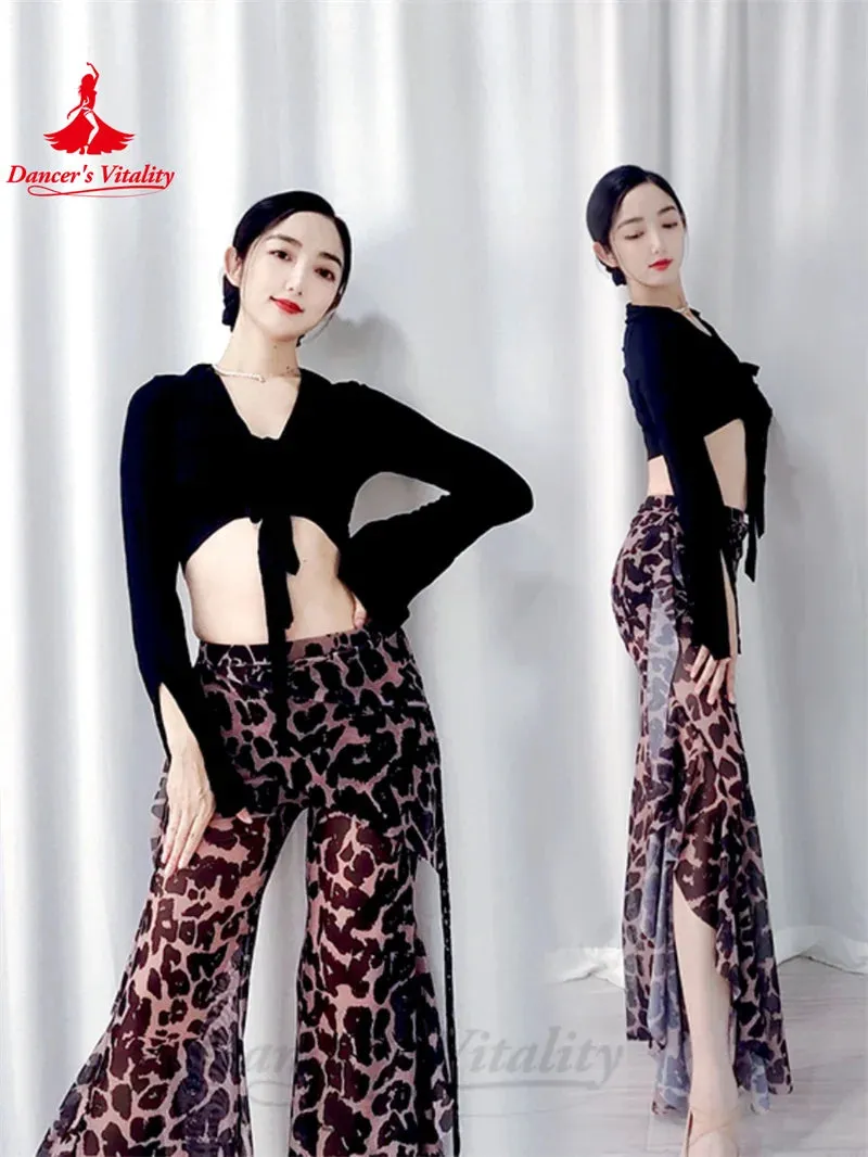 Belly Dance Practice Costume Set for Women Modal Double Bow Tie Top Black Rice Leopard Pattern Mesh Lace Pants