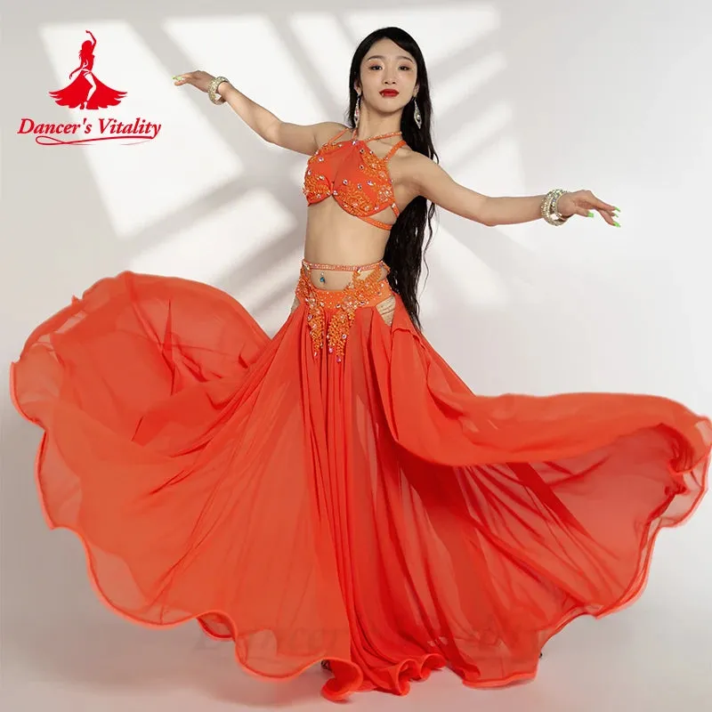 Belly Dancer Costume Set for Women Senior AB Stones Bra Top chiffon Long Skirt 2pcs Custom Adult Child Oriental Dancing Outfit