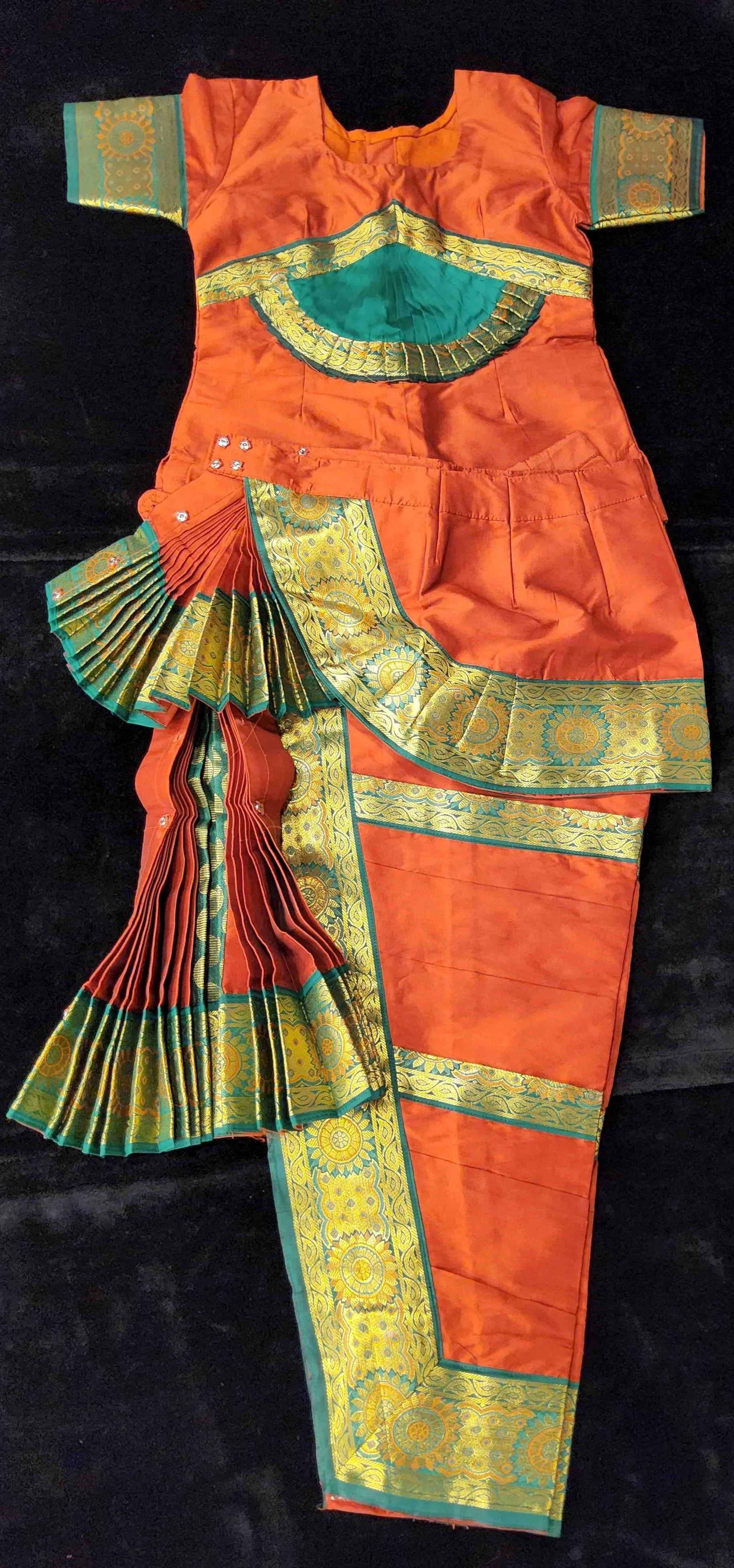 Bharatnatyam Dress | Brown with Green | Silk Cotton with Normal Border | Readymade Dance Costume