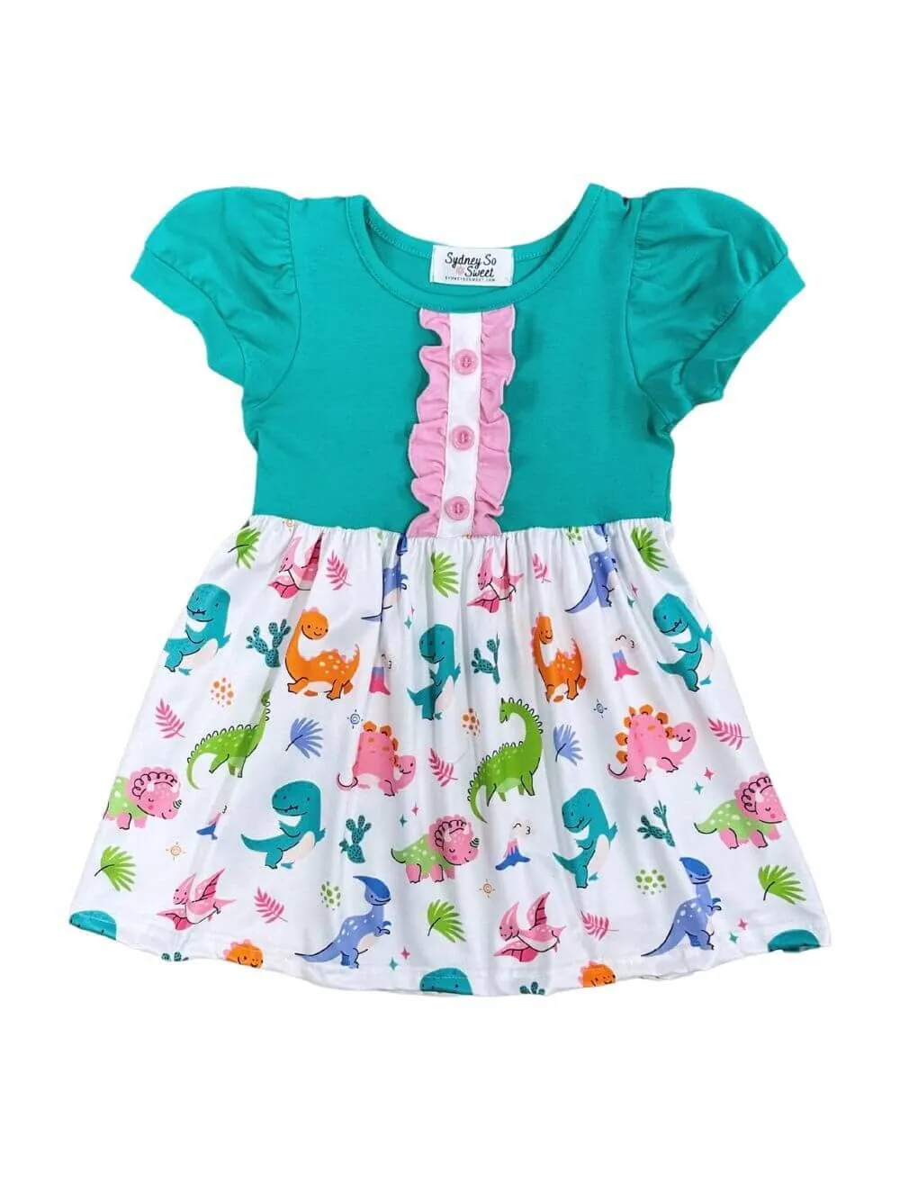 Bright Dino Days Girls Puff Sleeve Dress