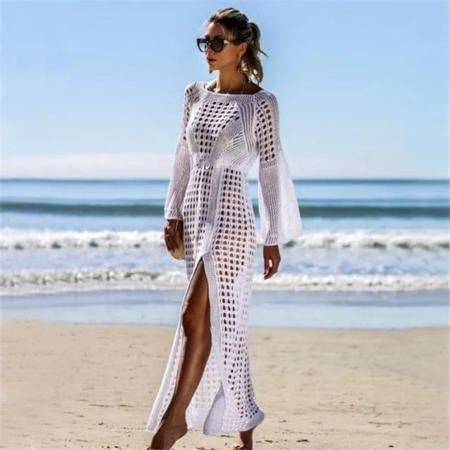 deanwangkt  Women Bathing Suit Cover Up Crochet Lace Bikini Swimsuit Dress Sexy New Summer Hollow Out Beach Long Maxi Split Ladies Loose