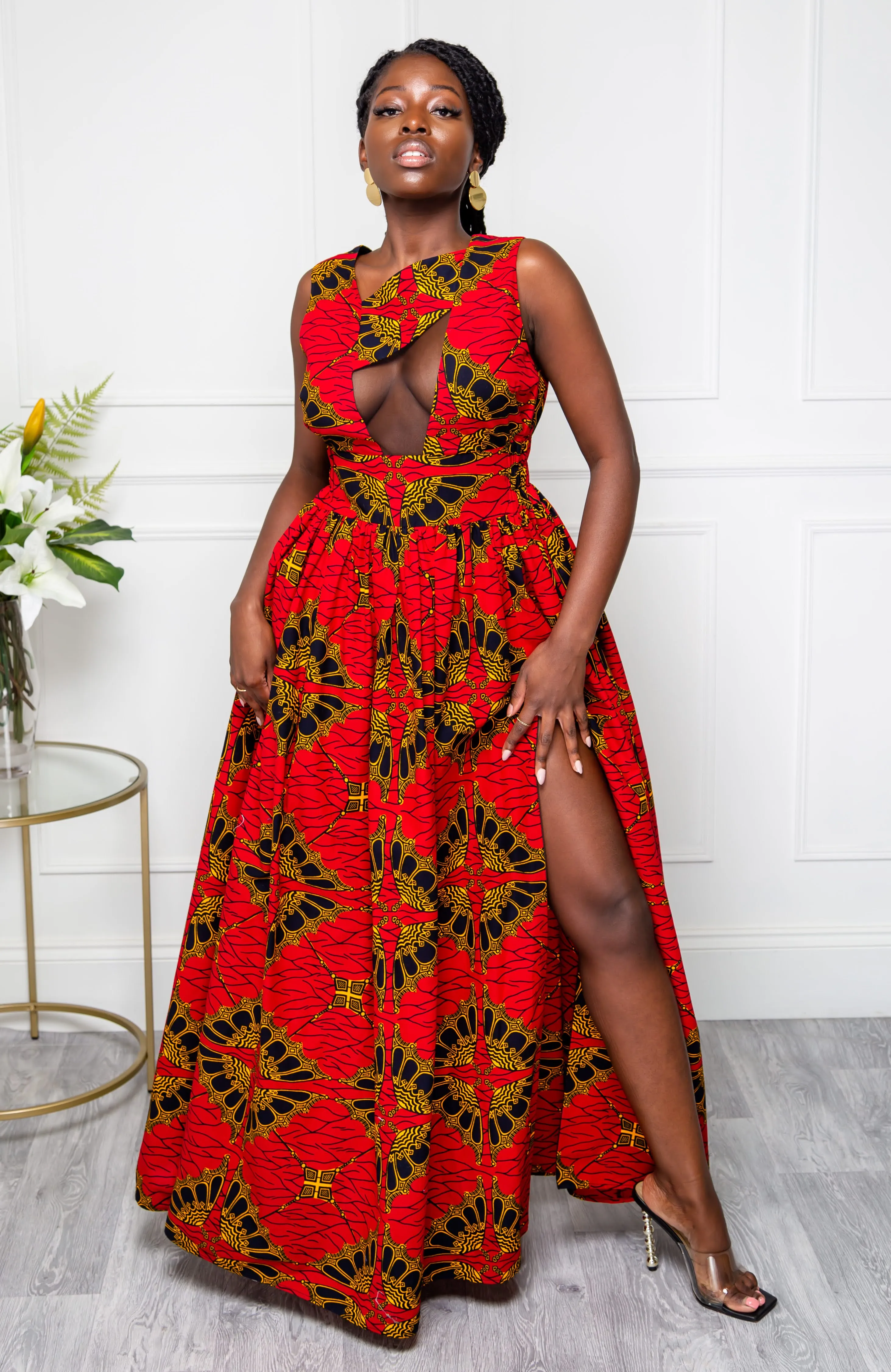 Front Mesh Panel African Print Sleeveless Maxi Dress - CORDELIA