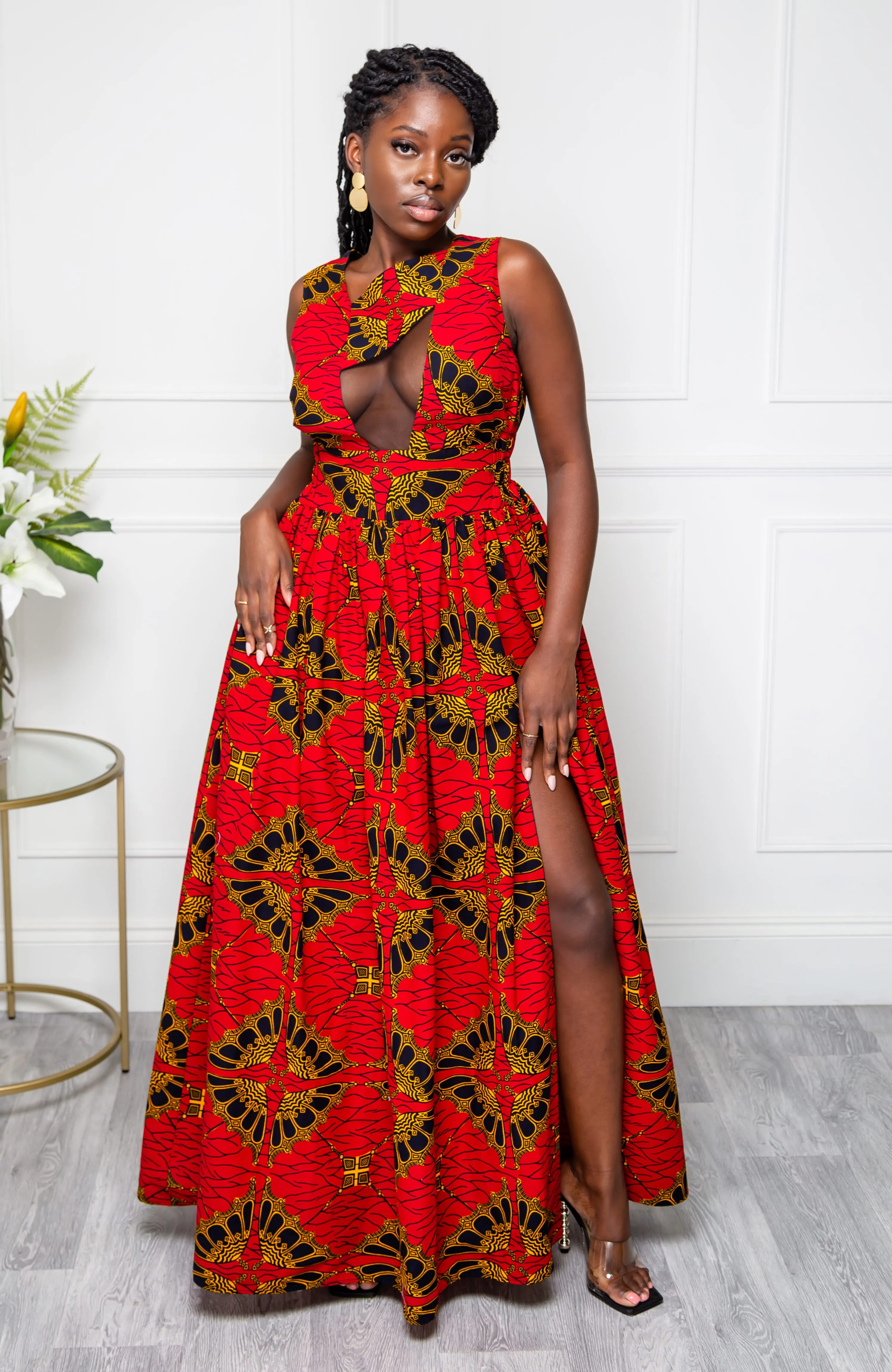 Front Mesh Panel African Print Sleeveless Maxi Dress - CORDELIA