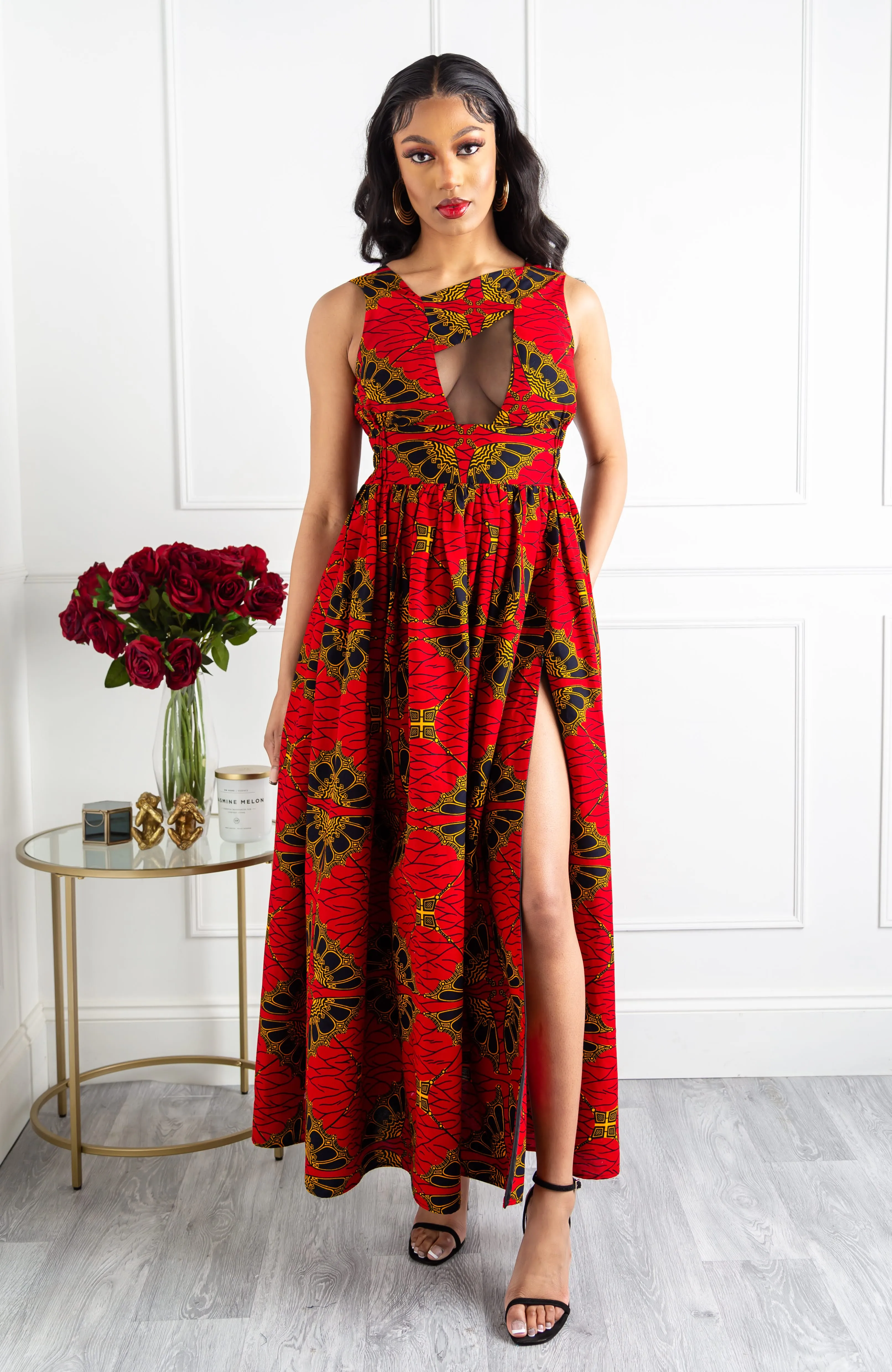 Front Mesh Panel African Print Sleeveless Maxi Dress - CORDELIA