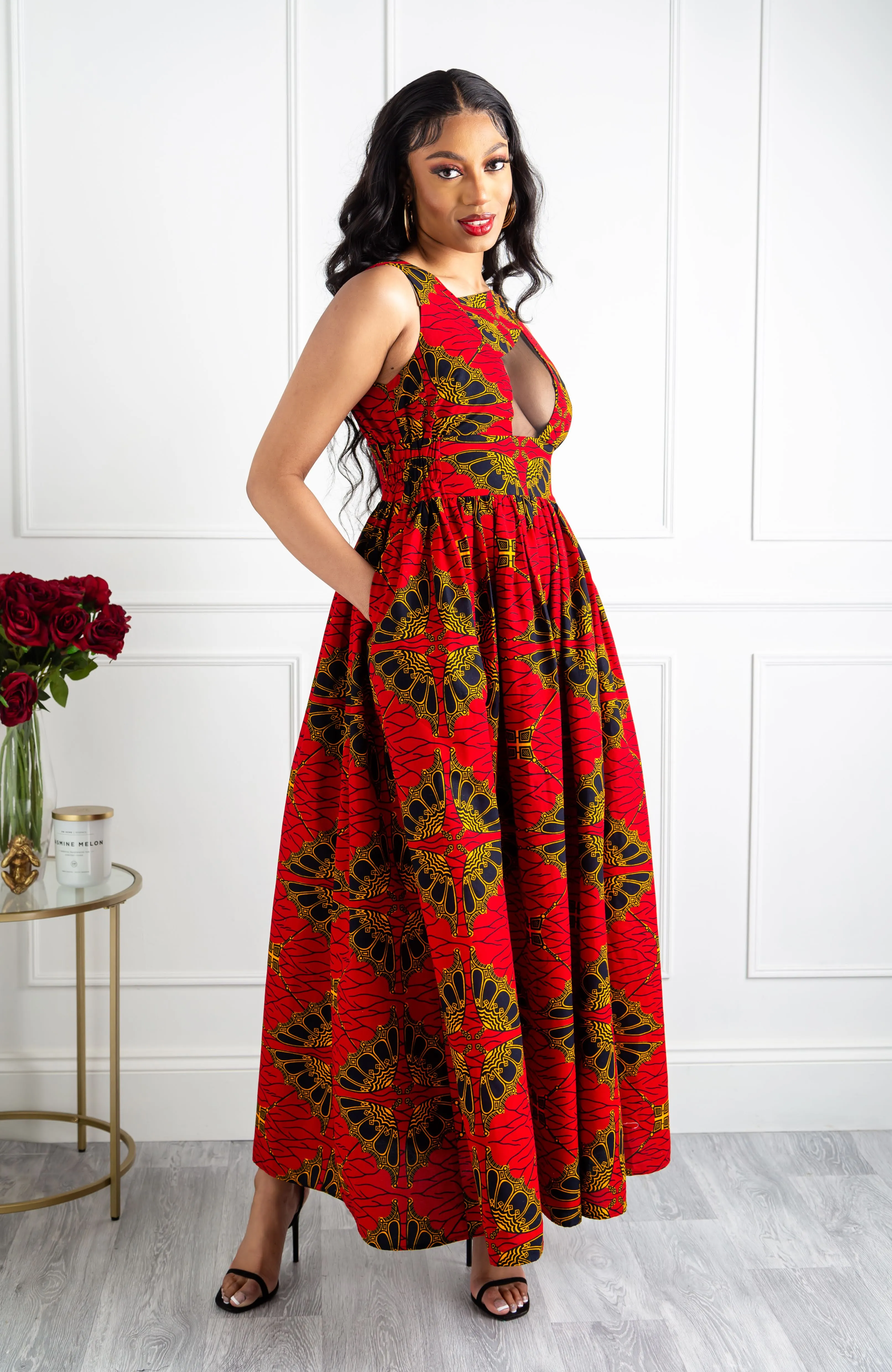 Front Mesh Panel African Print Sleeveless Maxi Dress - CORDELIA