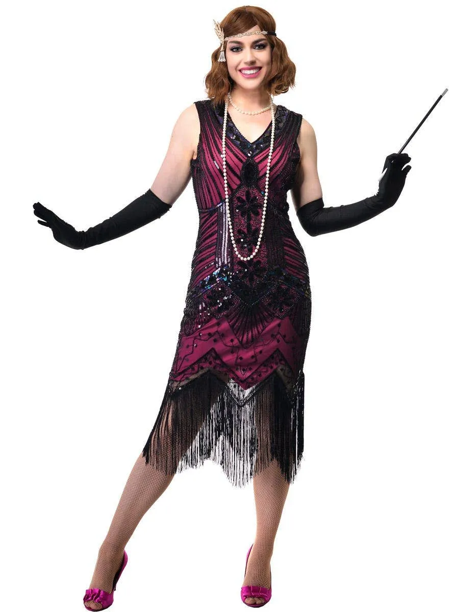 Hot Pink Plus Size Womens 1920s Gatsby Dress with Black Sequins