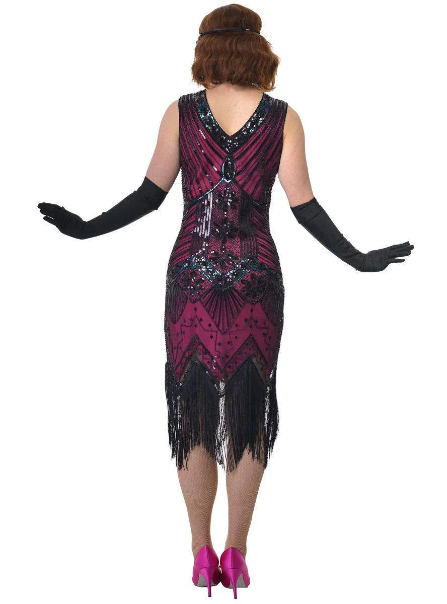 Hot Pink Plus Size Womens 1920s Gatsby Dress with Black Sequins