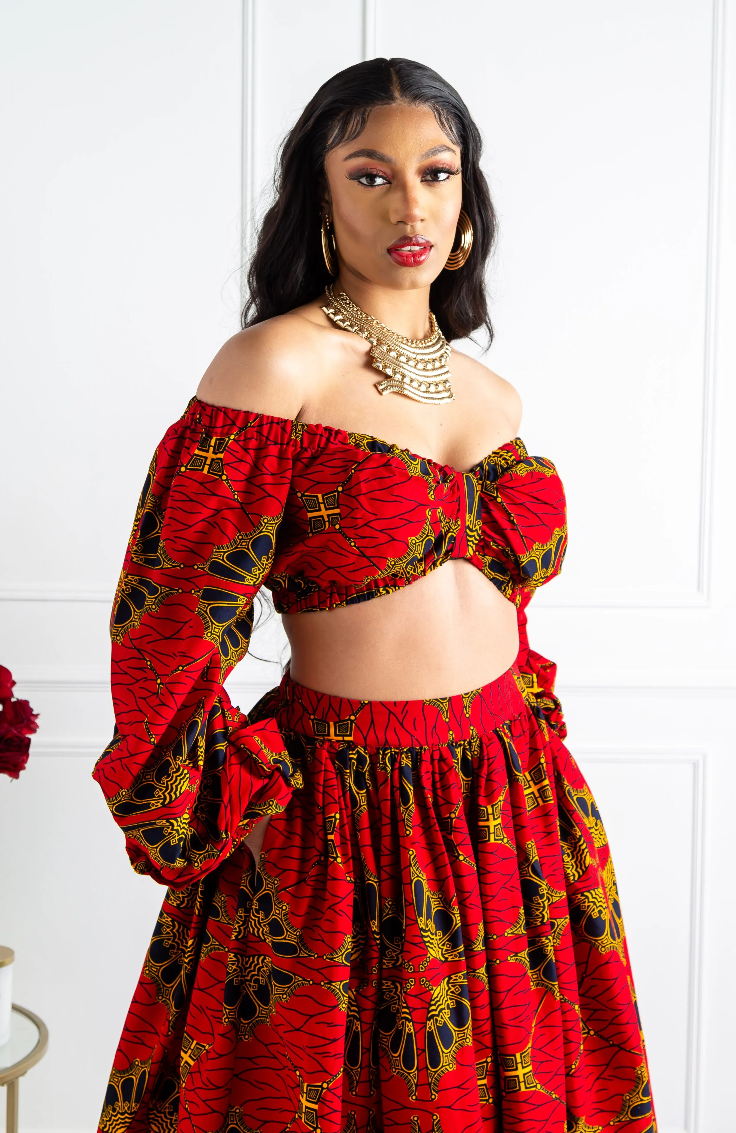 Red African Print Maxi Skirt & Crop Top Set - CORDELIA