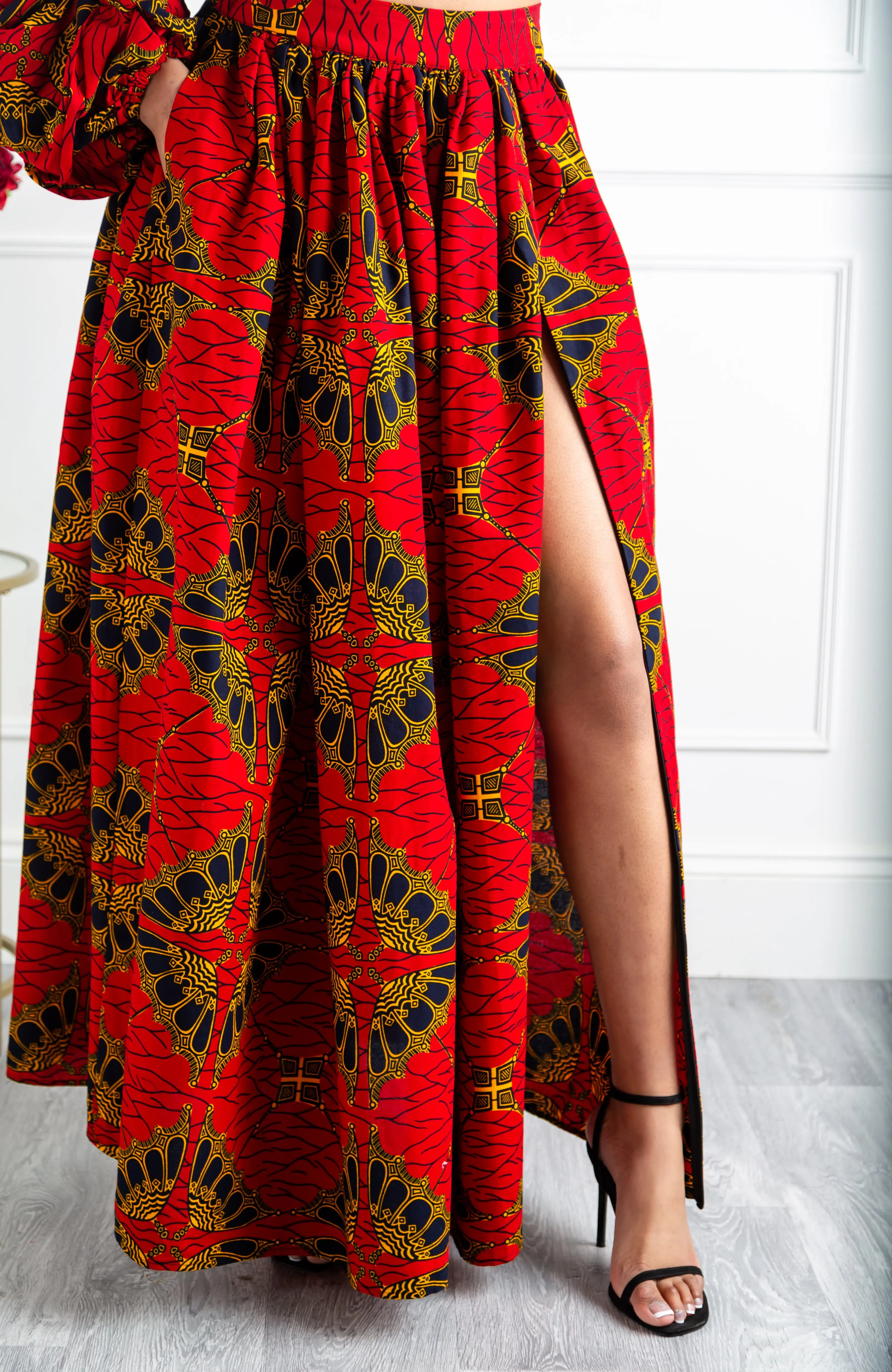 Red African Print Maxi Skirt & Crop Top Set - CORDELIA