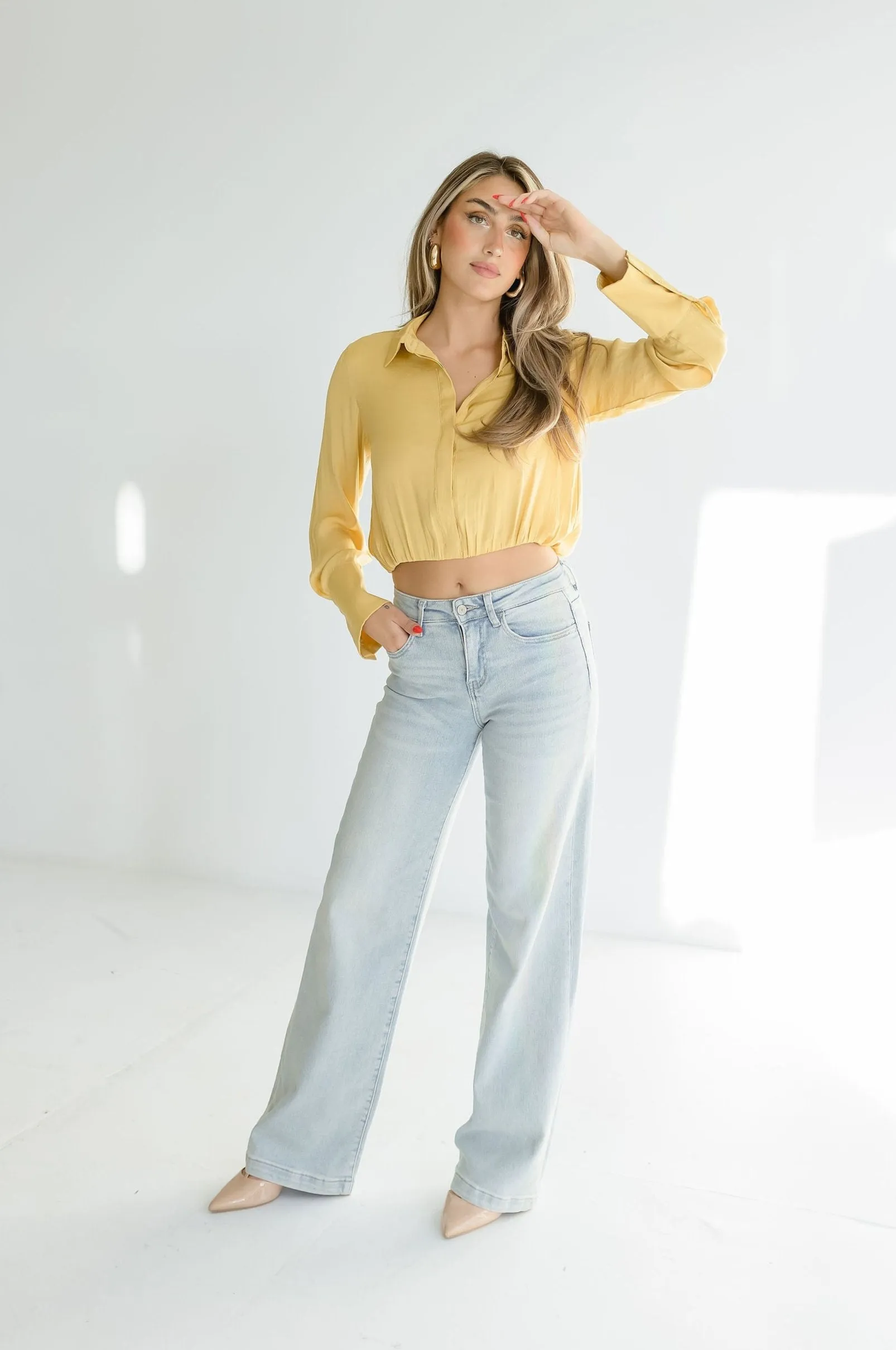 Sheena Long Sleeve Elastic Waist Cropped Satin Top Yellow