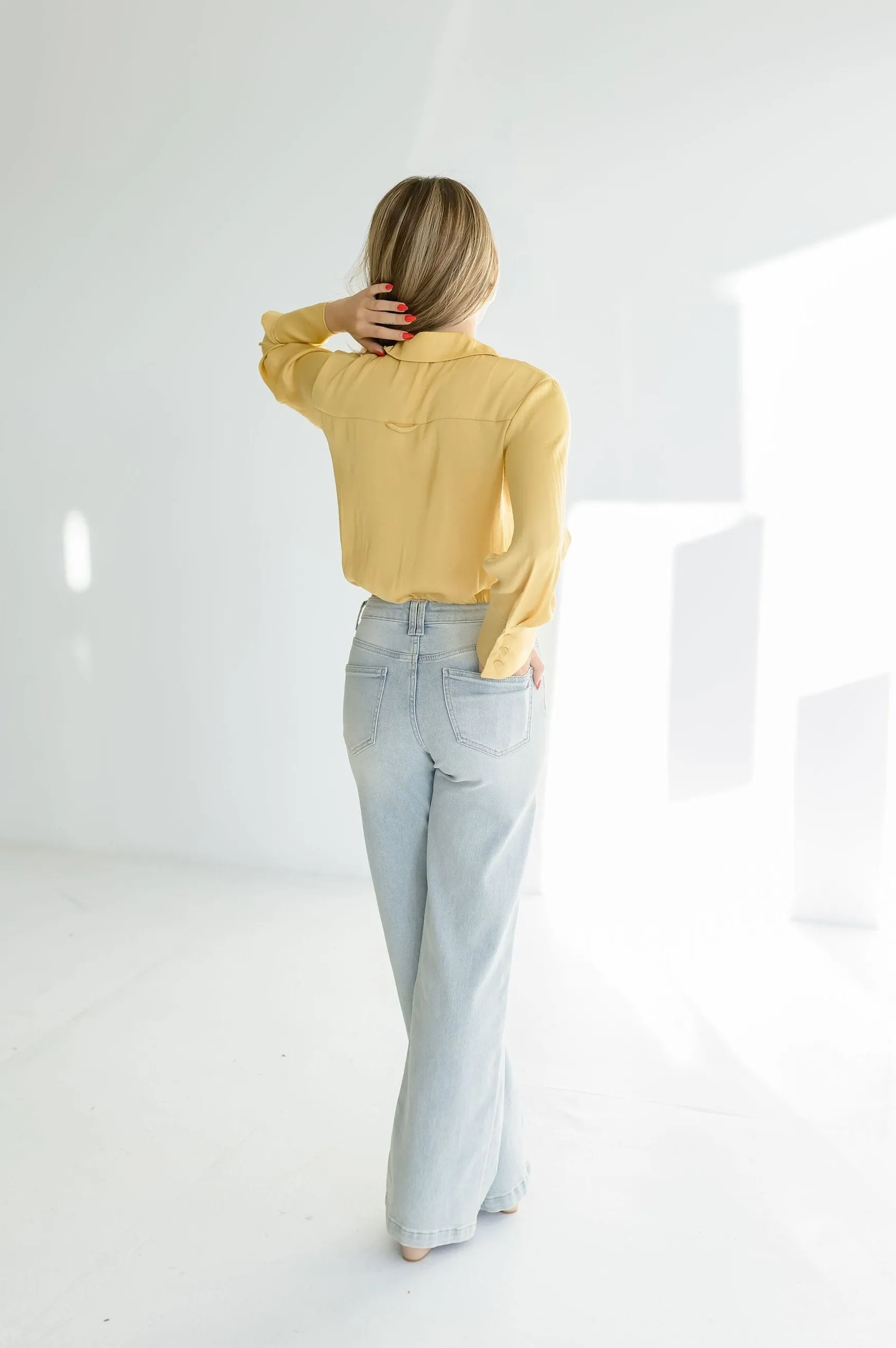 Sheena Long Sleeve Elastic Waist Cropped Satin Top Yellow