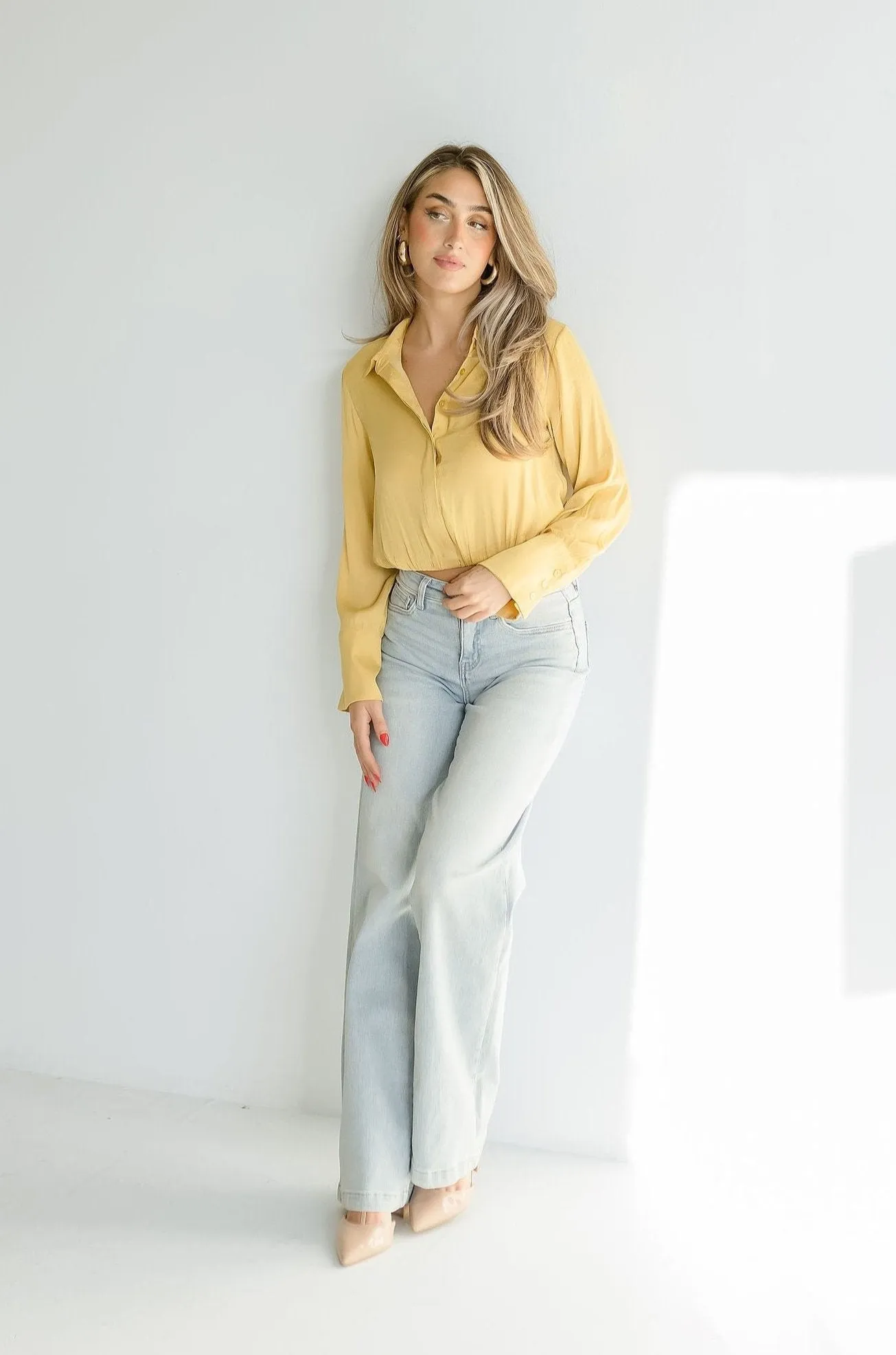 Sheena Long Sleeve Elastic Waist Cropped Satin Top Yellow