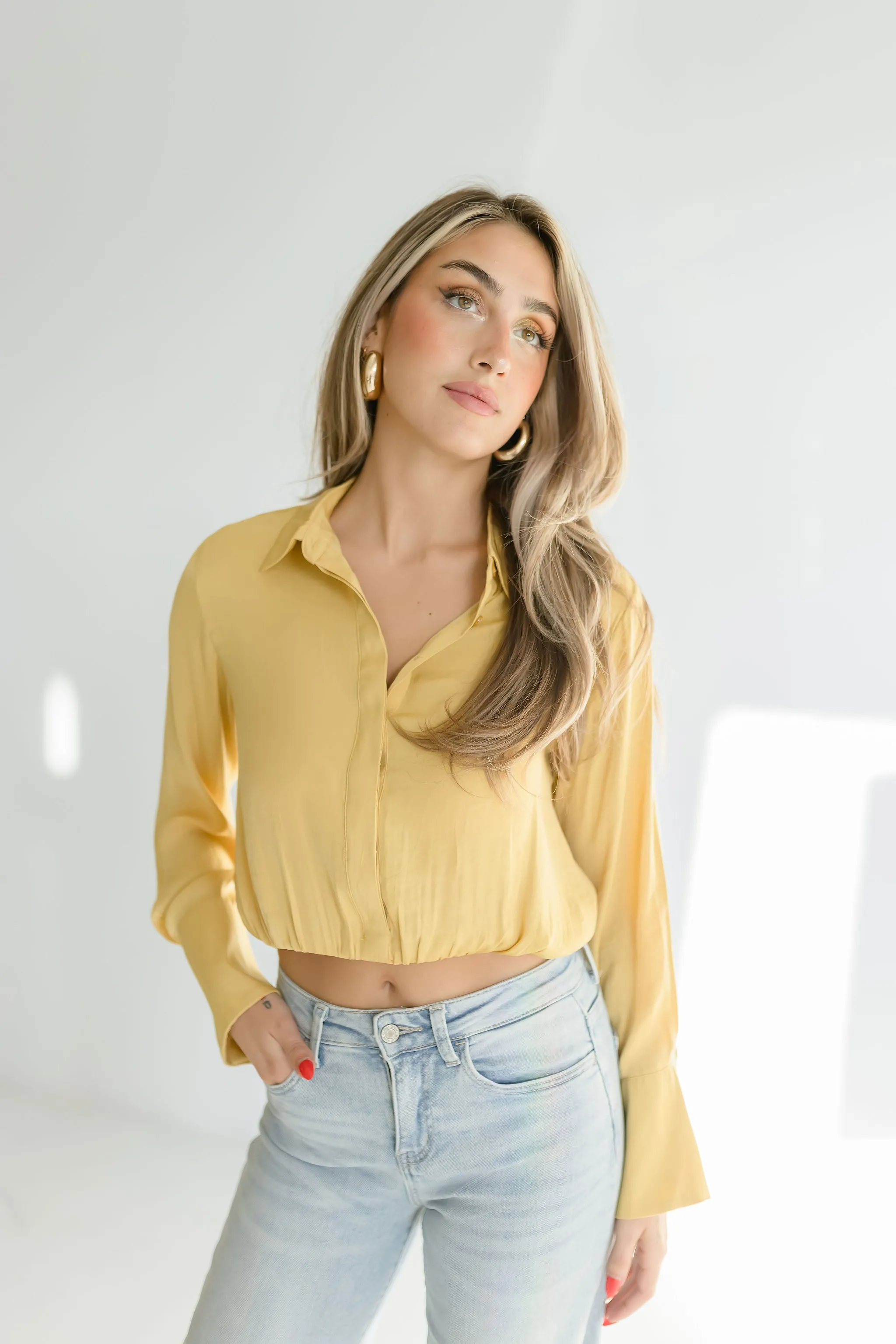 Sheena Long Sleeve Elastic Waist Cropped Satin Top Yellow