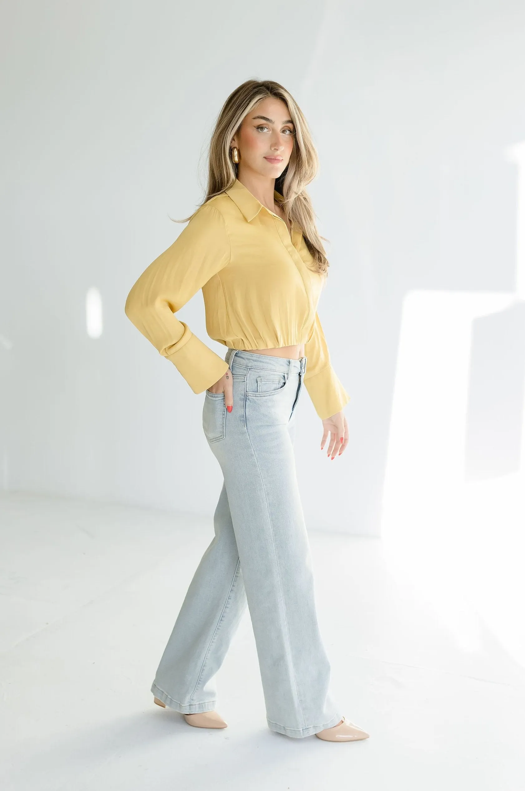 Sheena Long Sleeve Elastic Waist Cropped Satin Top Yellow