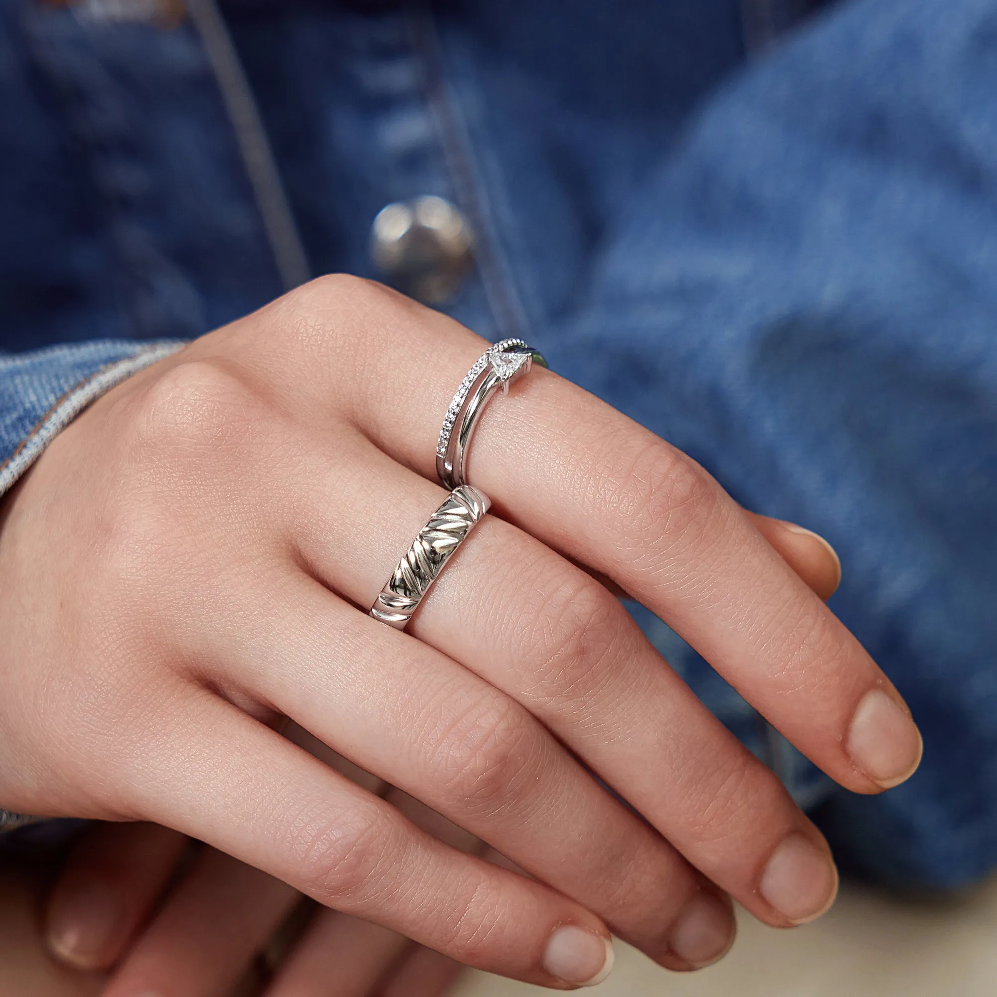 Silver Double White Triangle Stacker Ring