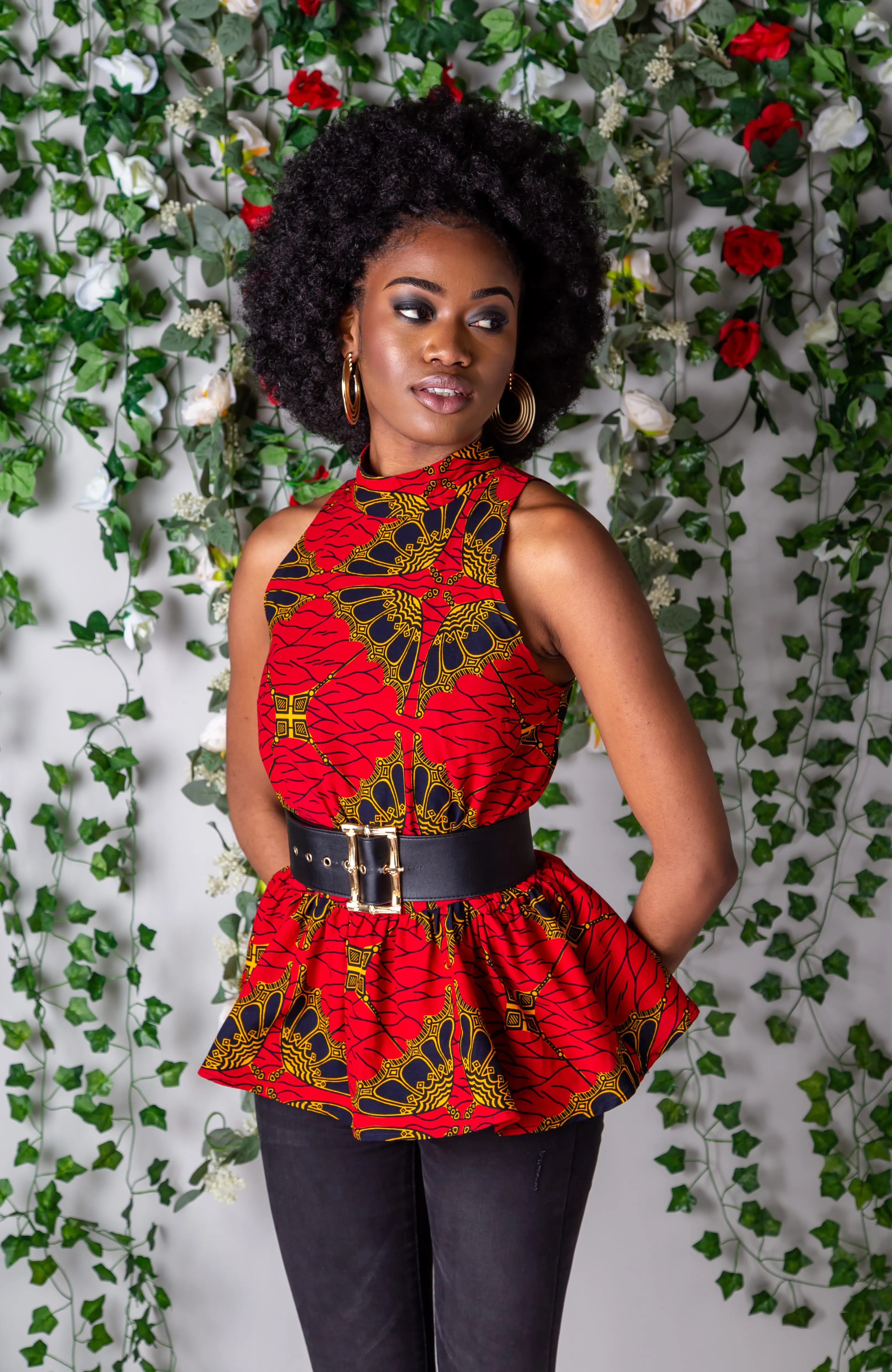 Sleeveless Turtleneck Peplum African Print Blouse - CORDELIA