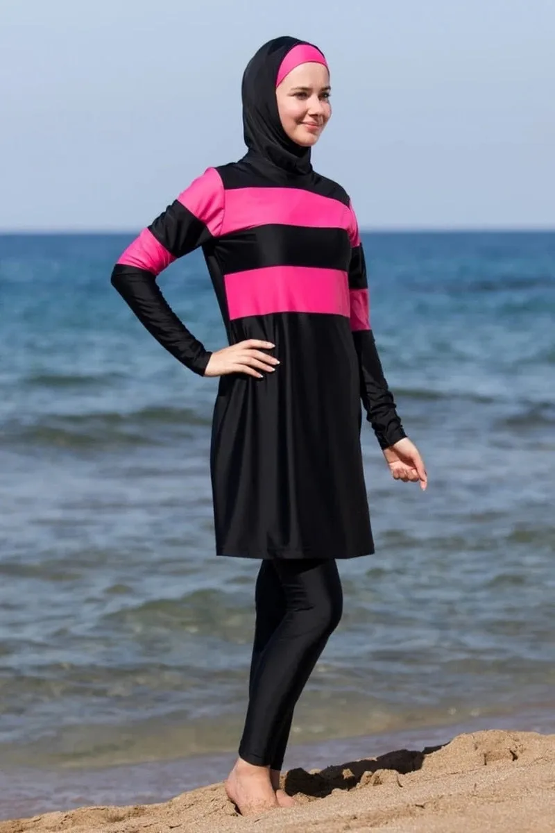 Striped Islamic Burkini Hooded Hijab Swimsuit