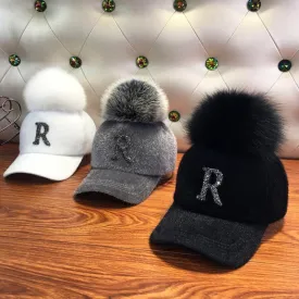 Winter Baseball Cap Women Rhinestone Letter Pompom Hip Hop Caps