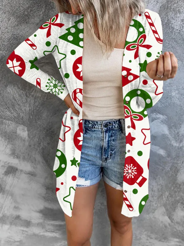 Women's Vibrant Festive Print Open Front Christmas Cardigan