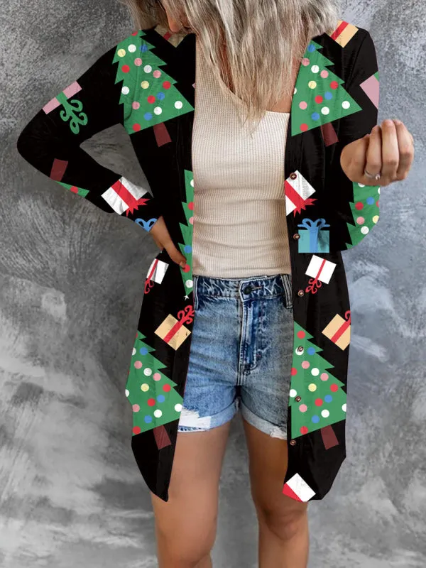 Women's Vibrant Festive Print Open Front Christmas Cardigan